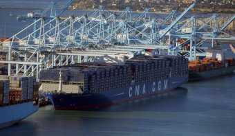 The Benjamin Franklin unloads its containers within Port of Los Angeles in San Pedro on Saturday. It’s because of sail in Golden Gate Bridge at 9:30 a.m. Thursday. Photo: Scott Varley, Associated Press